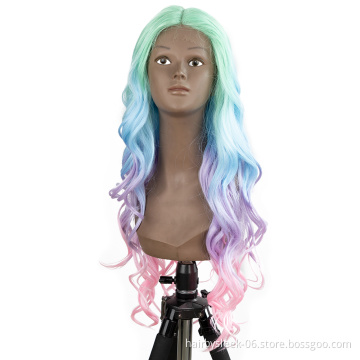 Four color gradient Long Wavy Ombre deep Wave Wigs Middle Part High Temperature Lace Front Wig Synthetic hair wigs For Women